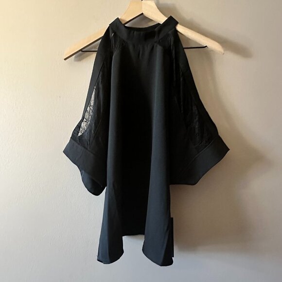 Women's S NWT Olivia Grey Black Lace Cold Shoulder Blouse Mock Neck - Picture 2 of 10